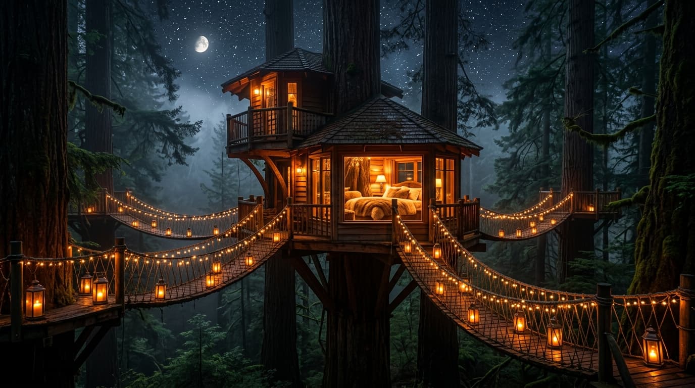 The Rain Sanctuary: Misty Redwood Canopy Treehouse at Midnight